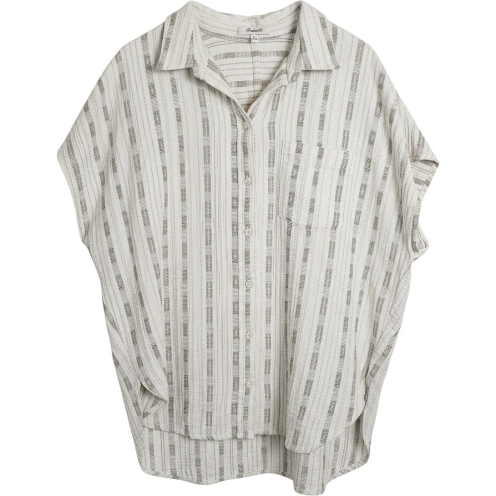 Madewell Women Large Cream Tan Striped Cotton Cap Sleeve Button Down Shirt